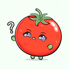 Tomato and question mark. Vector hand drawn cartoon kawaii character illustration icon. Isolated on light green background. Tomato character concept