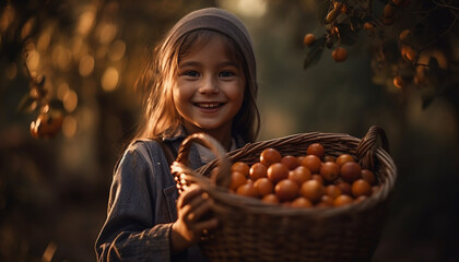 Naklejka premium Cute girl holding fresh fruit, smiling in organic farm harvest generated by AI