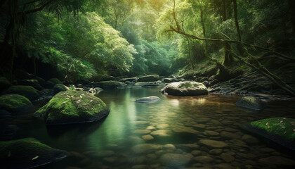 Tranquil scene of a tropical rainforest with flowing water motion generated by AI