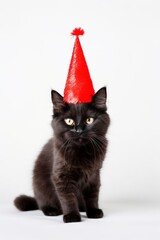 Cute cat celebrating with a red party hat. Generative AI.