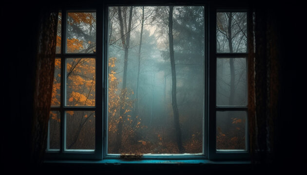 Spooky autumn forest, dark mystery in abandoned rural scene generated by AI