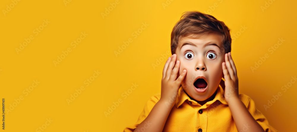 Wall mural Shock, surprised boy child in a studio with a wow or omg facial expression with his hands on his mouth. Generative AI