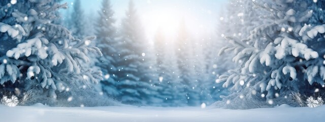 Blue winter christmas nature background frame, wide format. Snow covered fir branches, snowdrift against defocused blurred forest and falling snow. Close-up, copy space