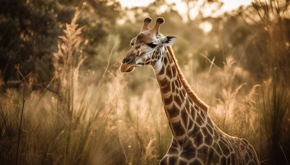 Obraz premium Graceful giraffe stands tall in African savannah, a natural beauty generated by AI