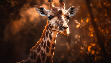 Beautiful giraffe standing in the African savannah, looking at camera generated by AI