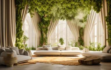 Luxury sustainable green living solution. Eco-friendly houseing. Concept design. Plants inside a living room. Ultra realistic render. Generative Ai. Architectural Masterpiece
