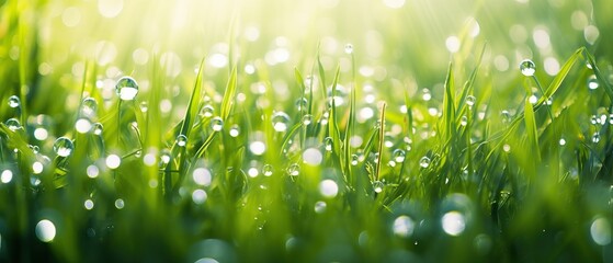 Natural defocused background. Green juicy grass in drops of morning dew sparkles in rays of sunlight. Nice round bokeh - obrazy, fototapety, plakaty