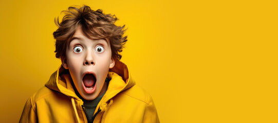 Shock, surprised boy child in a studio with a wow or omg facial expression with his hands on his mouth. Generative AI - obrazy, fototapety, plakaty