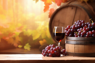 A barrel of wine sits on a table with a bunch of grapes in the background, copyspace, AI generative