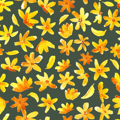 watercolor illustration seamless pattern bright summer yellow flowrs on a gray-blue background for fabric,dress,factory,cover or packaging