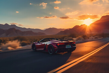 Fototapeta na wymiar car in the sunset. super car in the sunset. backcountry. roadtrip. AI generated