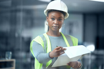 Portrait, engineer and checklist for construction or building inspection, survey and checking logistics on project. Black woman, working on clipboard and contractor writing on paper and document