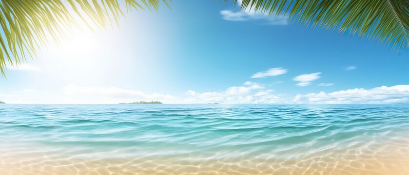 Summer landscape, nature of tropical golden beach and leaf palm, soft focus. Golden sand beach with glare in water, turquoise sea water, blue sky, white clouds. Copy space, summer vacation concept © Eli Berr