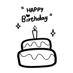 Birthday cake with candles, Happy birthday text,outline,Hand drawn
