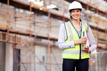 Portrait, engineer and woman with construction, business and smile with inspection, vest and...