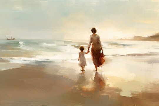 dipinto di madre e figlia sulla spiaggia