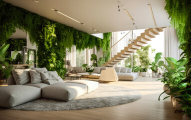 Luxury sustainable green living solution. Eco-friendly houseing. Concept design. Plants inside a living room. Ultra realistic render. Generative Ai. Architectural Masterpiece