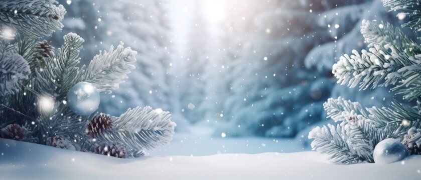 Blue winter christmas nature background frame, wide format. Snow covered fir branches, snowdrift against defocused blurred forest and falling snow. Close up, copy space