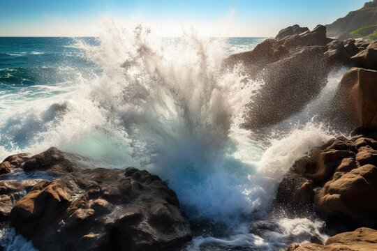 Ocean waves crashing against a rocky shore. The image should convey the power and beauty of the ocean