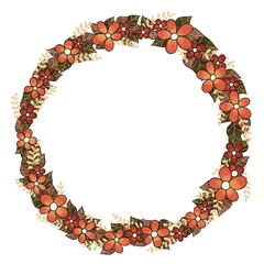 Red flower, fern and Autumn leaves wreath illustration for romance and Autumn seasonal.