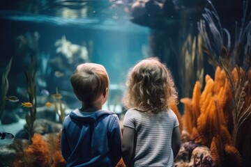 Group of kids travelers in aquarium, generative AI