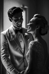 Happy Handsome Groom and Beautiful Bride Pre-Wedding photography, Minimal style, generative AI