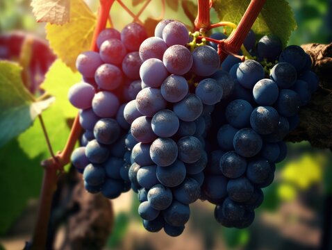 ripe grapes on a vine in a vineyard on a sunny day, generative ai