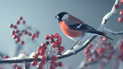 Cute bullfinch bird sits on a bunch of red rowan berries, Christmas greeting card, AI generative illustration