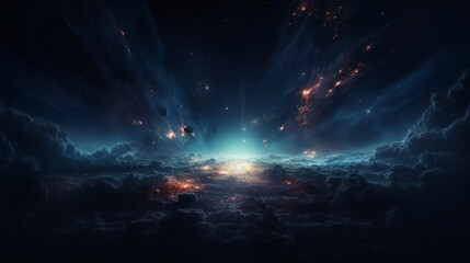 space background in the style of dark blue, blurred, dreamlike atmosphere, luminous imagery
