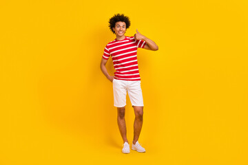 Full length portrait young funny guy raise thumbs up express agreement wear shirt pants isolated yellow color background