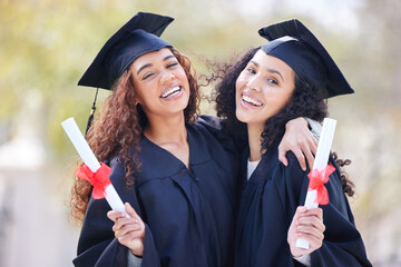 Graduation, certificate and portrait of friends at college with university diploma for learning, scholarship or achievement. Study, hug and education with women on campus for success, future or event