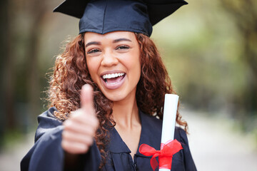 Thank you, portrait of female student with thumbs up and graduation day at college campus outdoors with certificate. Success or achievement, winner and happy female person graduate at university