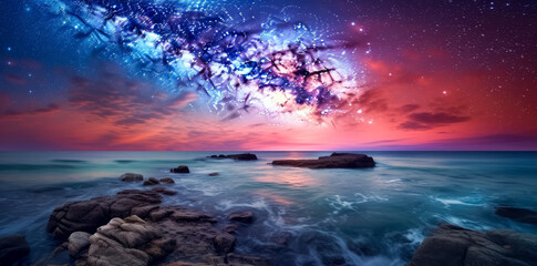 Fototapeta na wymiar Milky above with stars and clouds, purple and dark azure, photo-realistic landscape, Gian Moon in the magenta sky. Generative Ai.