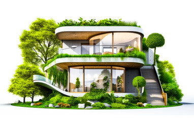 Modern eco-friendly green living concept. Architectural masterpiece illustration. Isolated on white background. Sustainable homes. 