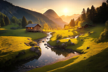 Captivating sunrise over serene valley, wooden hut by glistening stream amidst majestic hills and lush forests.