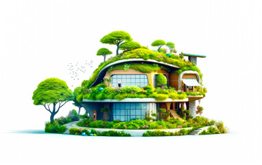 Modern eco-friendly green living concept. Architectural masterpiece illustration. Isolated on white background. Sustainable homes. 