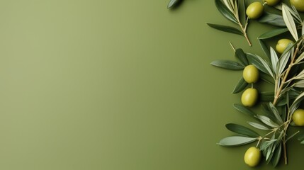 Background olive branch on a green background. green olives. olive oil. green banner. copy space. generative ai