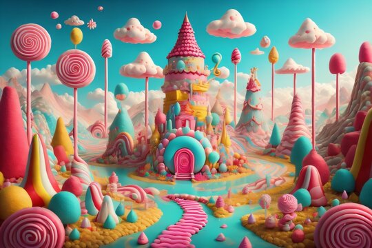 Temple on candy land. Beautiful fantasy landscape