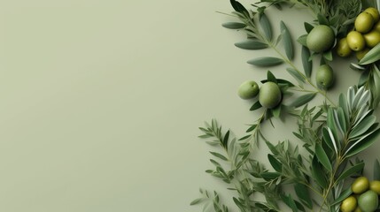 Background olive branch on a green background. green olives. olive oil. green banner. copy space. generative ai © mordecio