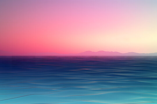 Generative AI illustration of abstract background with blue wavy sea under colorful bright sundown sky