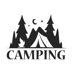 logo camping, Drawing of a tent in the forest at night and with a bonfire