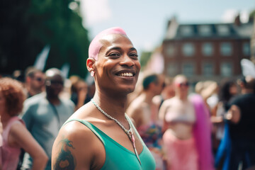 Generative AI illustration of happy young African American transgender man with dyed pink hair and tattoo smiling and looking at camera