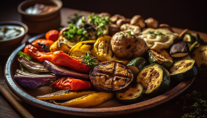Fototapeta premium Grilled meat and vegetable plate, fresh and gourmet barbecue meal generated by AI