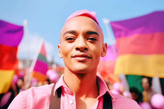 Generative AI illustration of serious young transgender man with dyed pink hair smiling and looking at camera