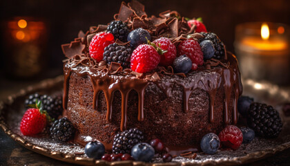Indulgent chocolate dessert with fresh berries and rustic decorations generated by AI