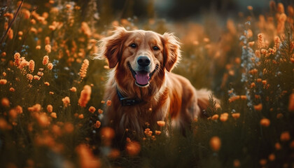 Golden retriever enjoys springtime walk in nature beauty and obedience generated by AI