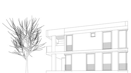 Architectural drawing of a house 3d illustration 