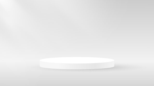 Realistic 3d round stand product podium scene on soft background. Product pedestal on soft light of a sunny day. Minimal aesthetic mockup product stage display concept. Vector illustration