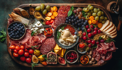 A rustic gourmet meal prosciutto, salami, ciabatta, grape, tomato, camembert, olive generated by AI