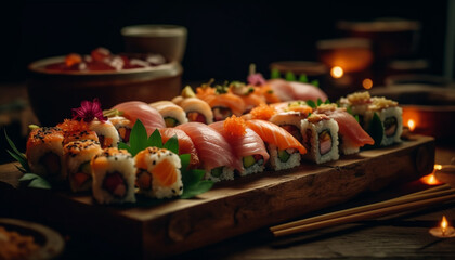 Fresh seafood meal with California roll, saltwater eel, and salmon generated by AI